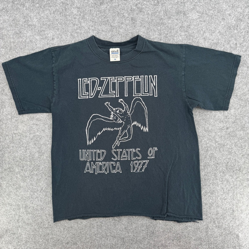 Led Zeppelin 1977 Tour Black Graphic Raw Hem Anvil T-Shirt Mens M
